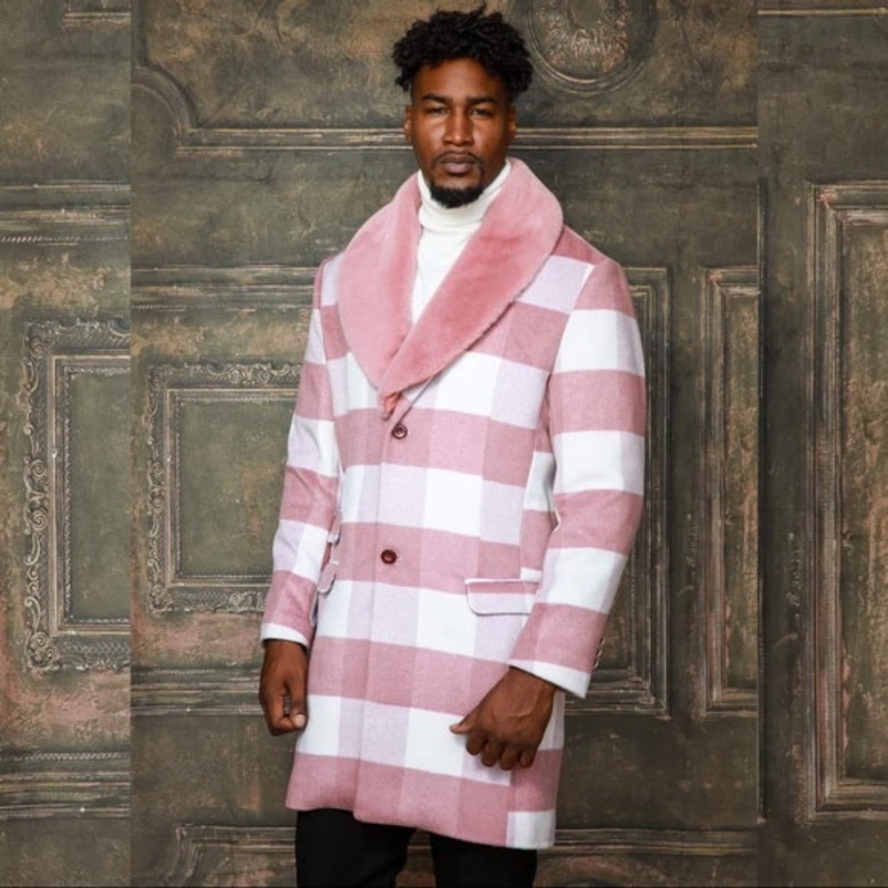 Men's Manzini White | Lt Pink Plaid Faux Fur Overcoat NWT